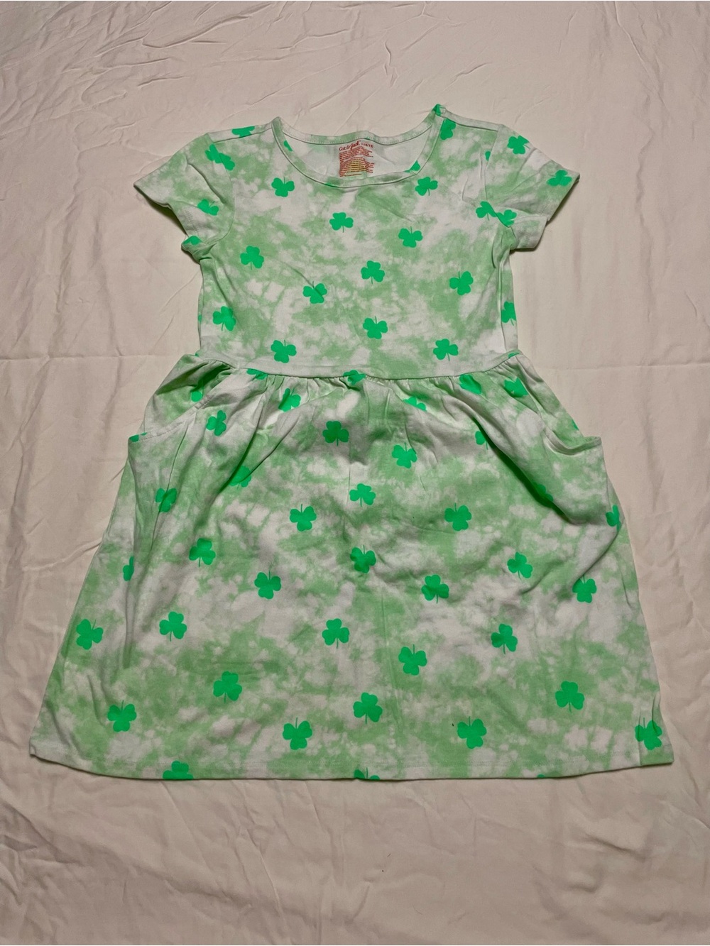Cat & Jack Girls Green Tie Dye Shamrock Pocket Dress Size L 10/12 St Patrick Day